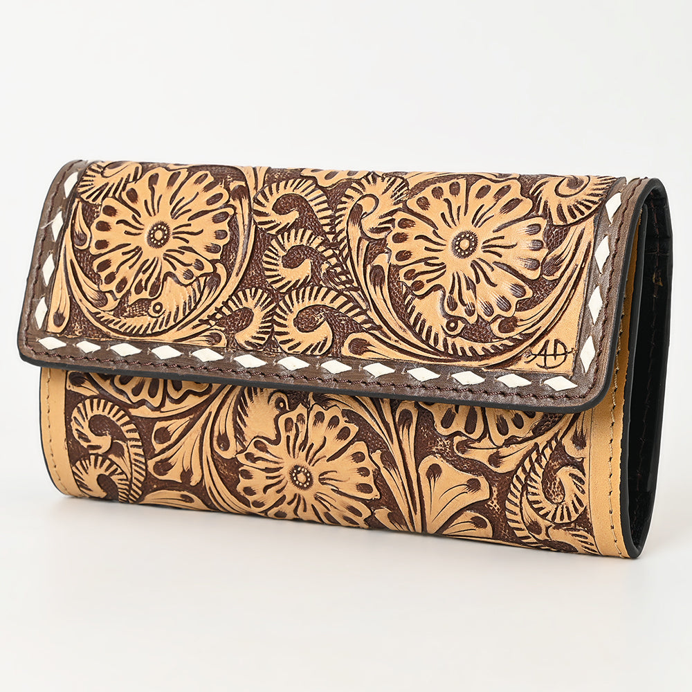 ADBGZ736 Hand Tooled Leather Tri-Fold Wallet - Natural Western Floral Cowgirl Style