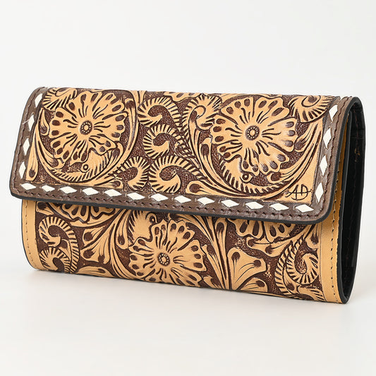 ADBGZ736 Hand Tooled Leather Tri-Fold Wallet - Natural Western Floral Cowgirl Style