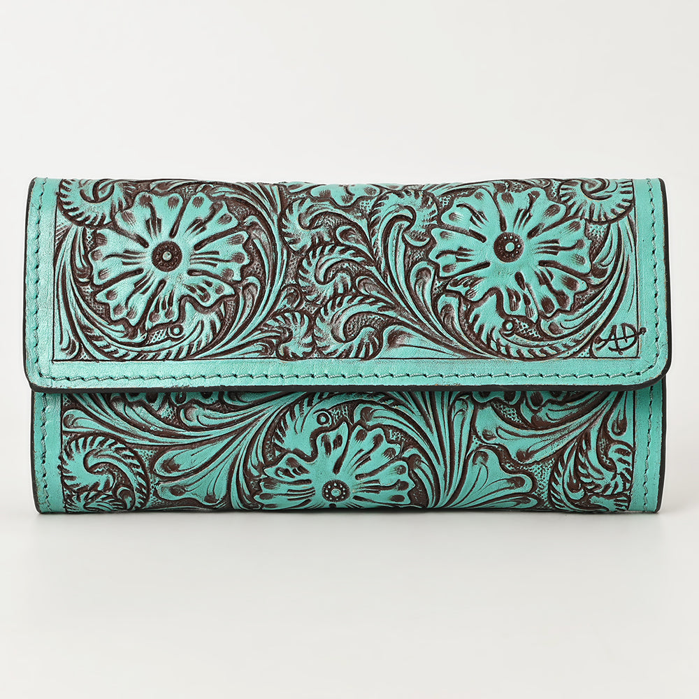 ADBGZ736 Hand Tooled Leather Tri-Fold Wallet - Natural Western Floral Cowgirl Style