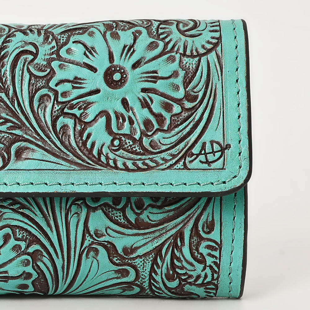 ADBGZ736 Hand Tooled Leather Tri-Fold Wallet - Natural Western Floral Cowgirl Style