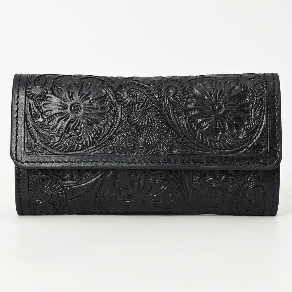 ADBGZ736D Black Hand Tooled Leather Tri-Fold Wallet - Western Cowgirl Floral Design
