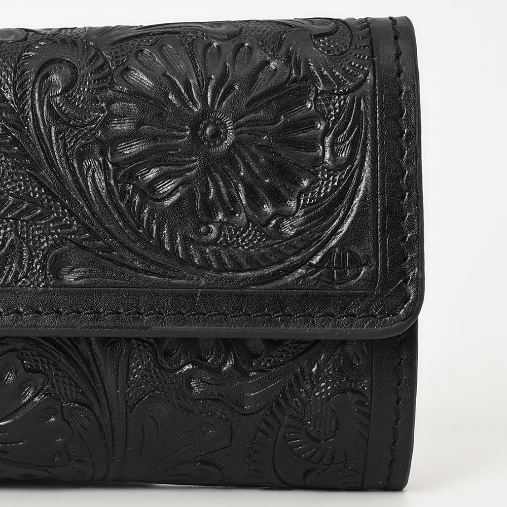 ADBGZ736D Black Hand Tooled Leather Tri-Fold Wallet - Western Cowgirl Floral Design