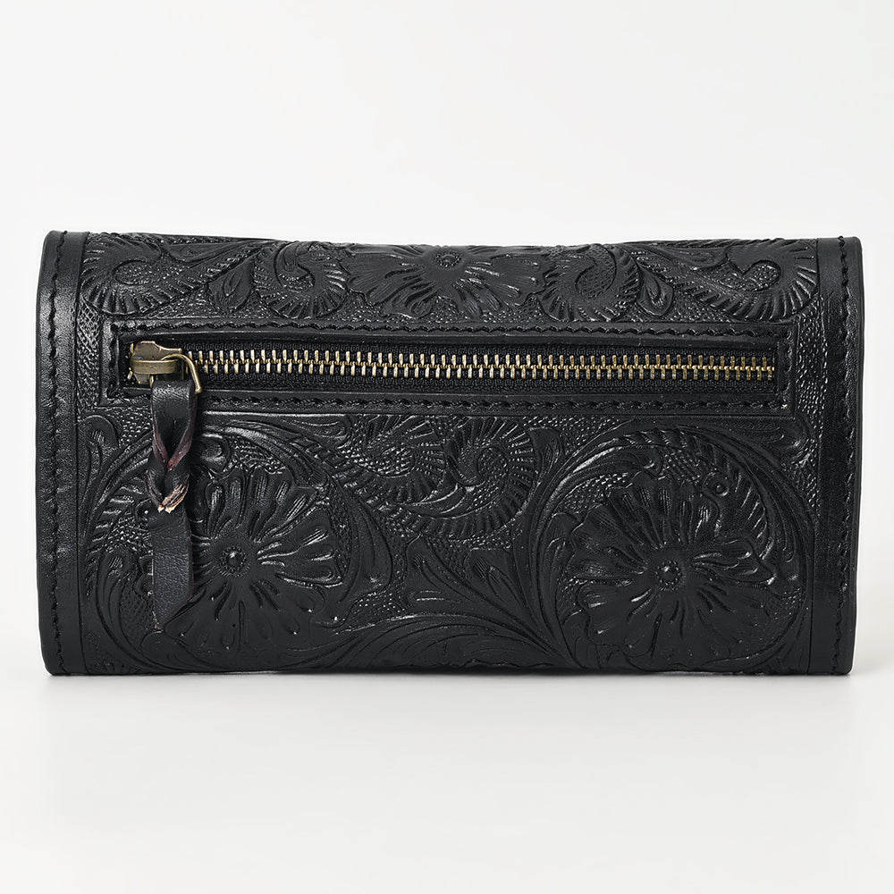 ADBGZ736D Black Hand Tooled Leather Tri-Fold Wallet - Western Cowgirl Floral Design