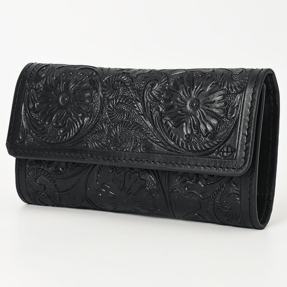 ADBGZ736D Black Hand Tooled Leather Tri-Fold Wallet - Western Cowgirl Floral Design