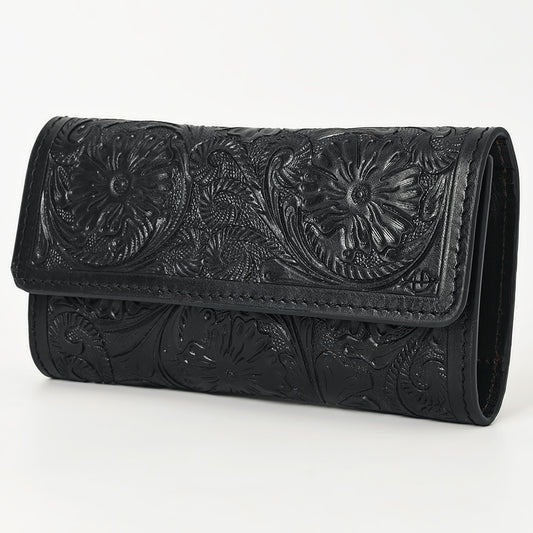 ADBGZ736D Black Hand Tooled Leather Tri-Fold Wallet - Western Cowgirl Floral Design