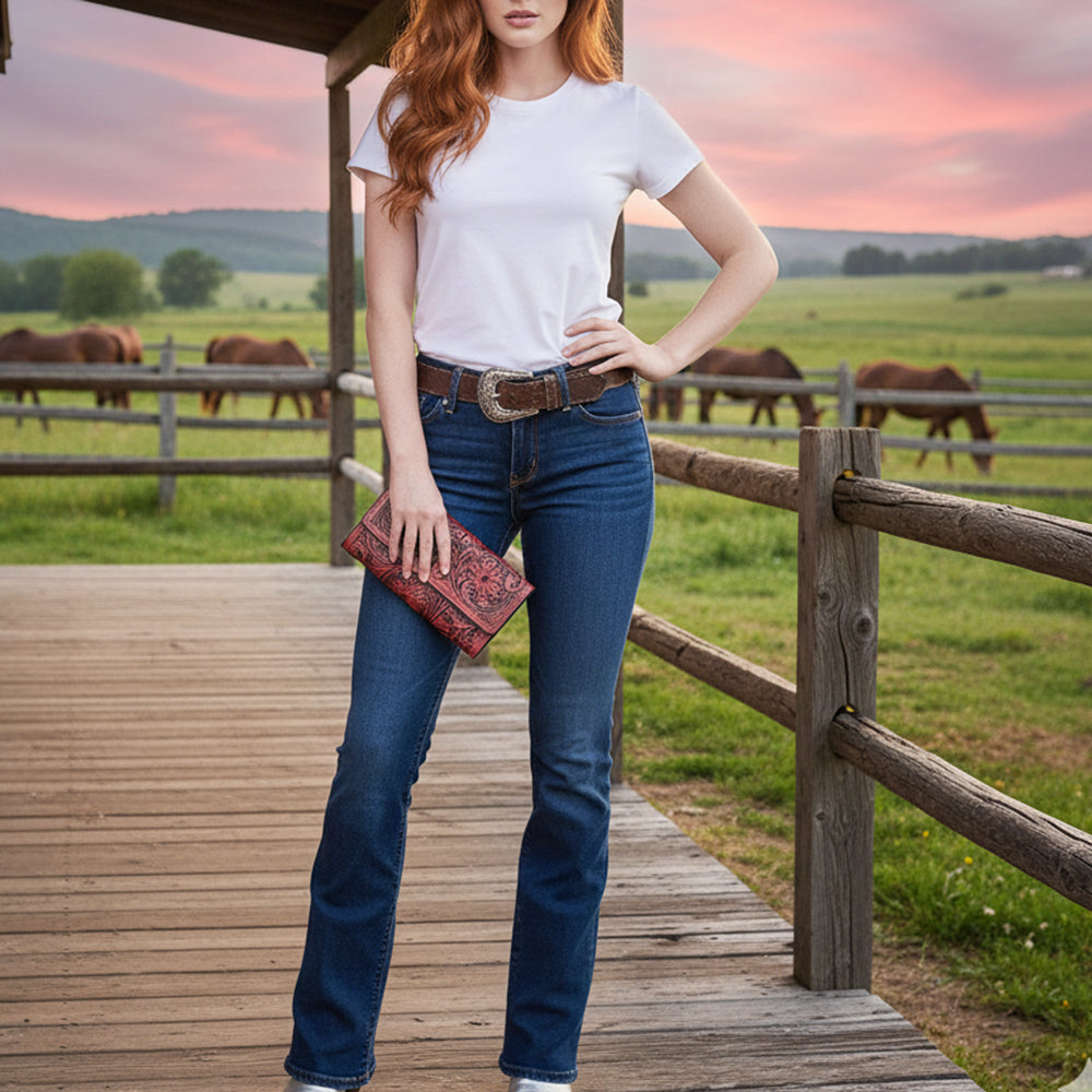 ADBGZ736 Hand Tooled Leather Tri-Fold Wallet - Natural Western Floral Cowgirl Style
