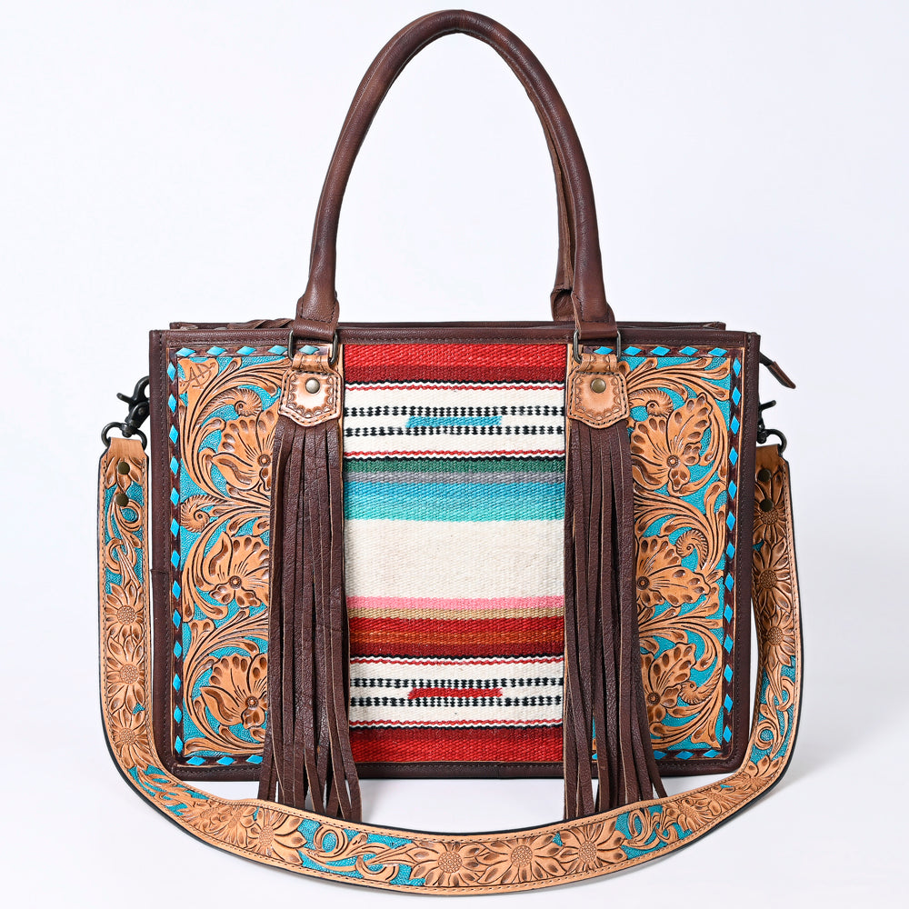 ADBG230 Hand Tooled Leather Tote Bag with Southwestern Saddle Blanket Accent & Floral Detailing