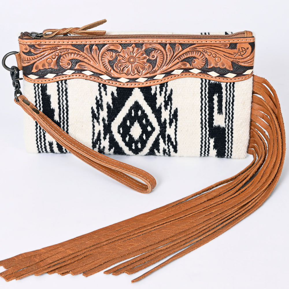 ADBG344 Southwestern Wool Wristlet Clutch with Tooled Leather Trim & Fringe Tassel