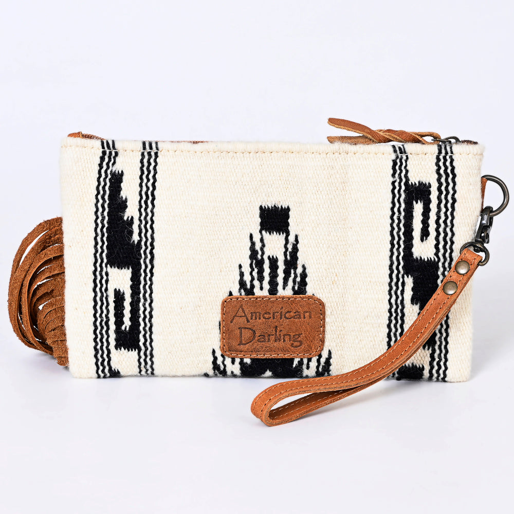 ADBG344 Southwestern Wool Wristlet Clutch with Tooled Leather Trim & Fringe Tassel