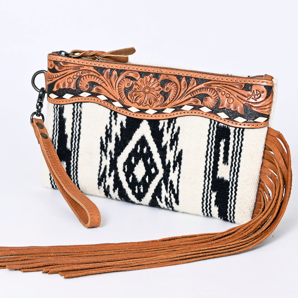 ADBG344 Southwestern Wool Wristlet Clutch with Tooled Leather Trim & Fringe Tassel
