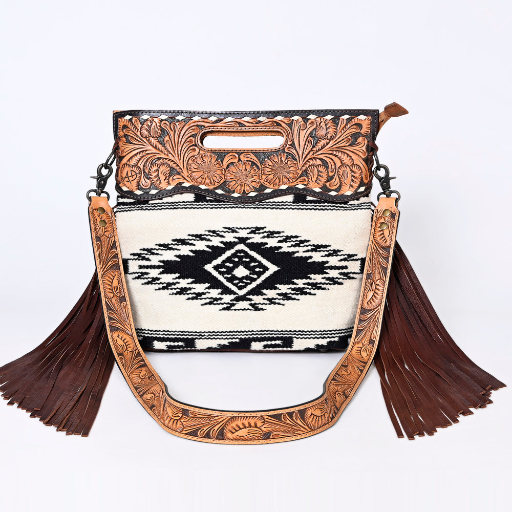 ADBGS146 Aztec Wool & Tooled Leather Shoulder Bag - Western Fringe Crossbody