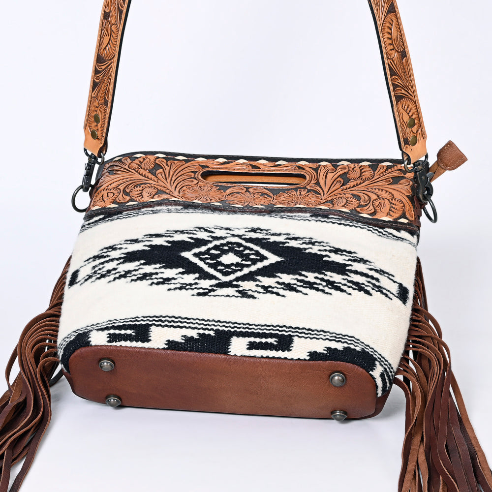 ADBGS146 Aztec Wool & Tooled Leather Shoulder Bag - Western Fringe Crossbody