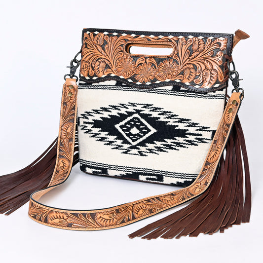 ADBGS146 Aztec Wool & Tooled Leather Shoulder Bag - Western Fringe Crossbody