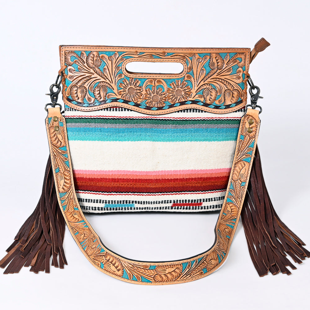 ADBGS146 Serape Wool & Turquoise Tooled Leather Crossbody - Fiesta Fringe Edition