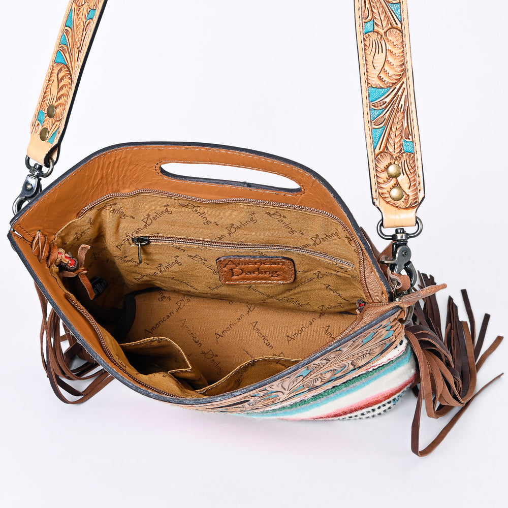 ADBGS146 Serape Wool & Turquoise Tooled Leather Crossbody - Fiesta Fringe Edition