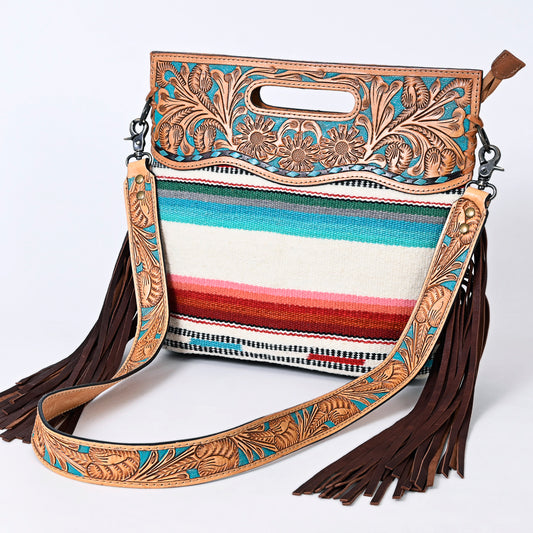 ADBGS146 Serape Wool & Turquoise Tooled Leather Crossbody - Fiesta Fringe Edition