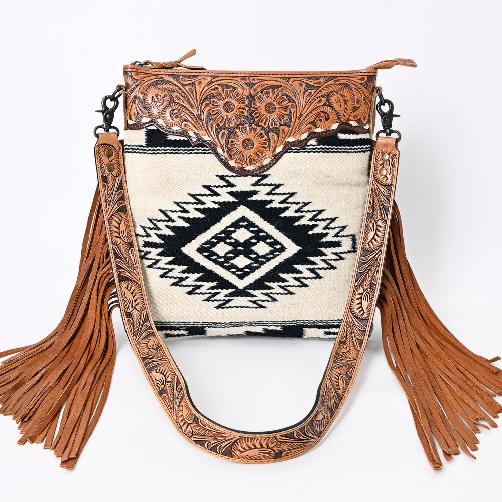 ADBGS192 Wool Large Crossbody Bag with Tooled Leather Yoke, Fringe & Western Strap - Boho Western Purse
