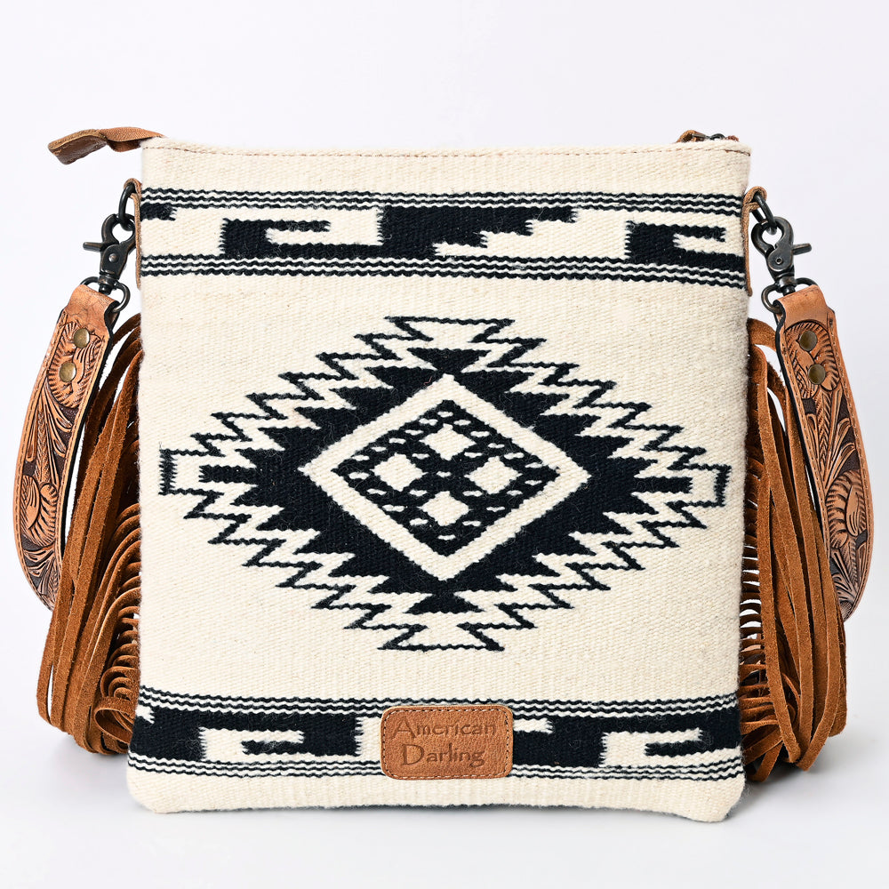 ADBGS192 Wool Large Crossbody Bag with Tooled Leather Yoke, Fringe & Western Strap - Boho Western Purse