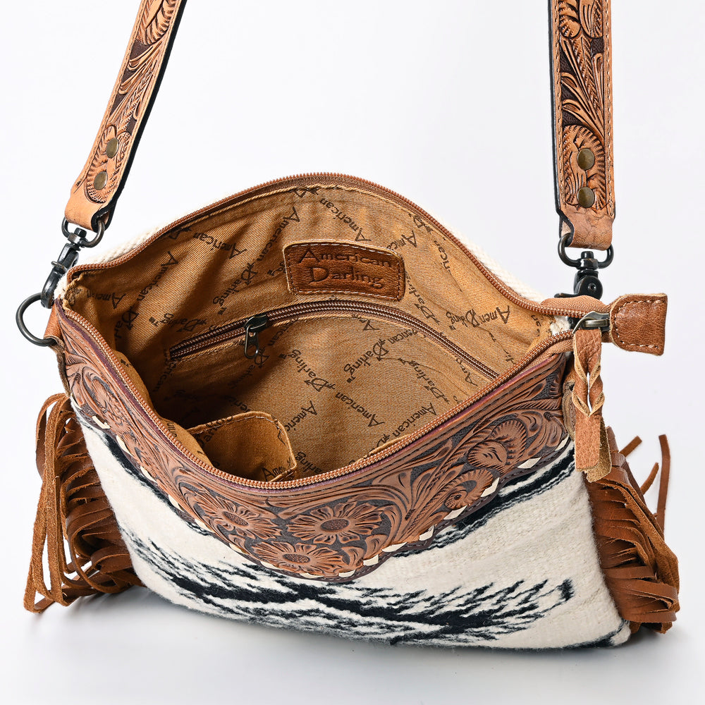 ADBGS192 Wool Large Crossbody Bag with Tooled Leather Yoke, Fringe & Western Strap - Boho Western Purse