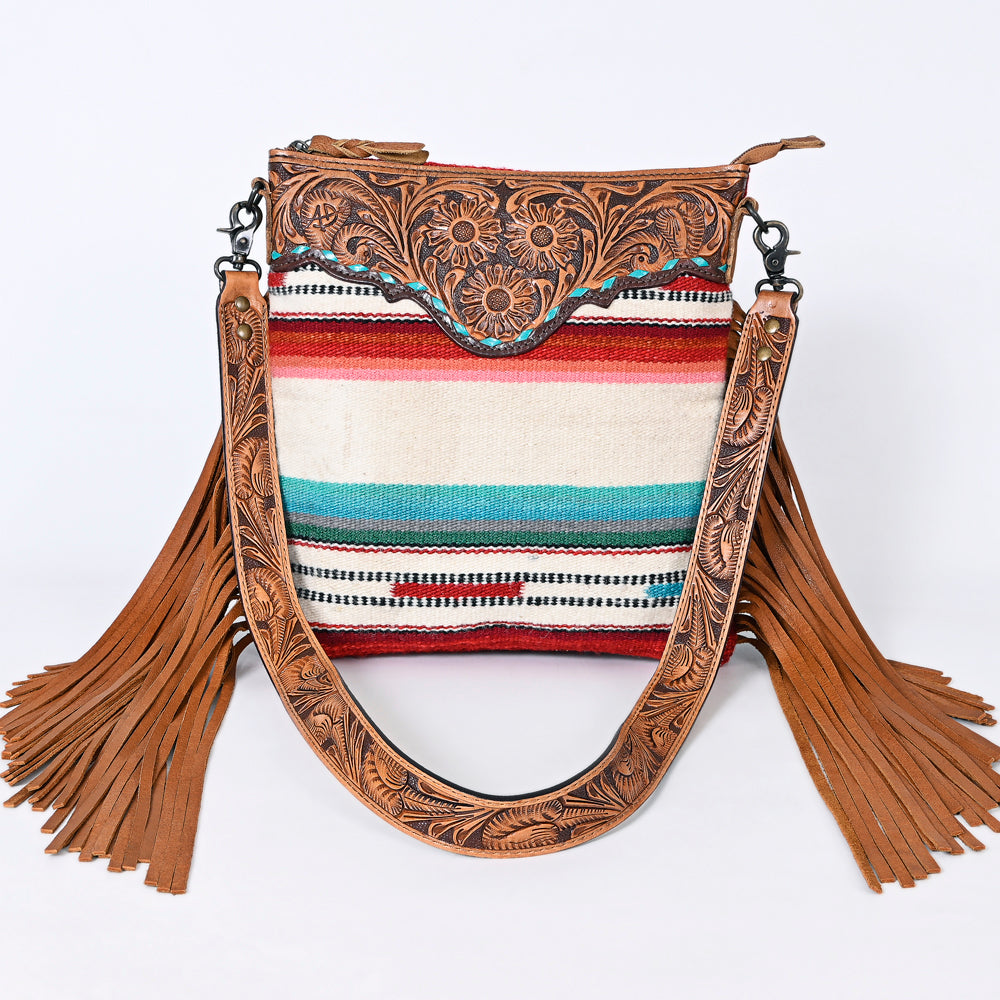 ADBGS192 Wool Large Crossbody Bag with Tooled Leather Yoke, Fringe & Western Strap - Boho Western Purse