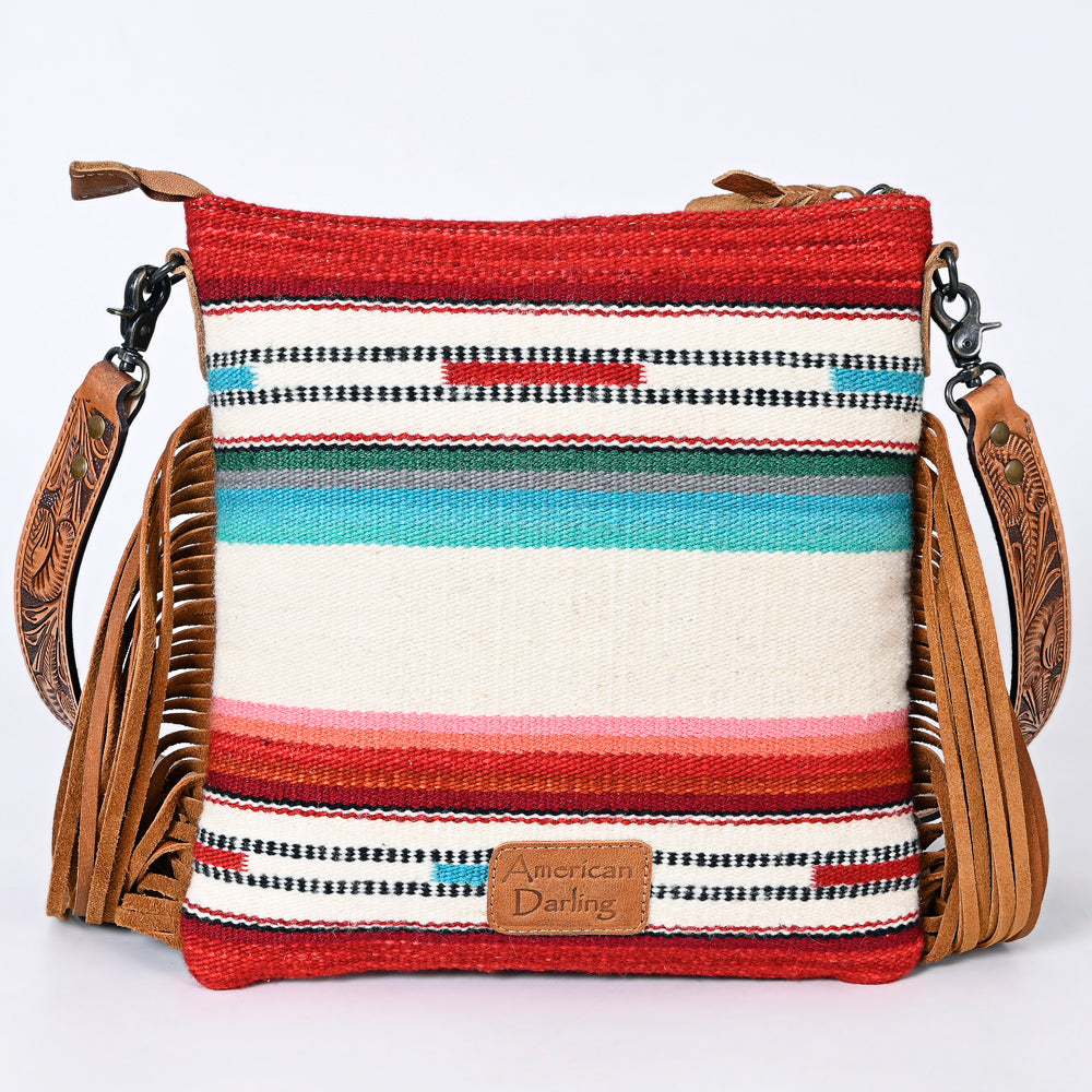 ADBGS192 Wool Large Crossbody Bag with Tooled Leather Yoke, Fringe & Western Strap - Boho Western Purse