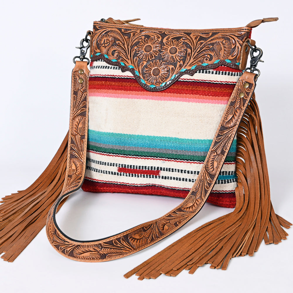 ADBGS192 Wool Large Crossbody Bag with Tooled Leather Yoke, Fringe & Western Strap - Boho Western Purse