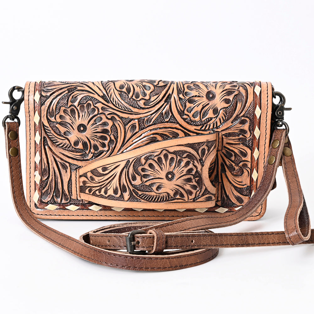 ADBG485 Western Floral Tooled Leather Organizer Bag Handmade Cowhide Wristlet by American Darling