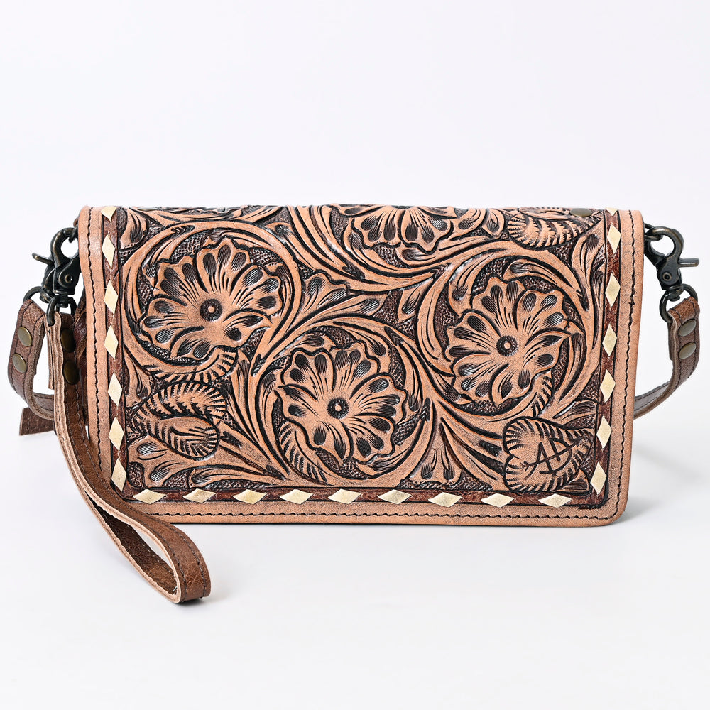 ADBG485 Western Floral Tooled Leather Organizer Bag Handmade Cowhide Wristlet by American Darling