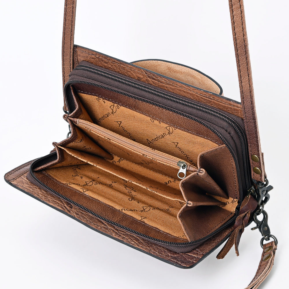 ADBG485 Western Floral Tooled Leather Organizer Bag Handmade Cowhide Wristlet by American Darling