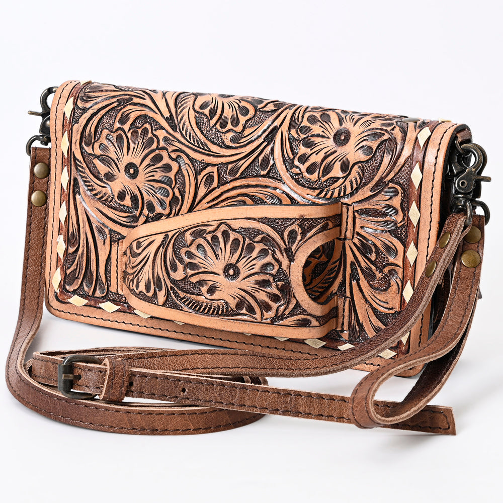 ADBG485 Western Floral Tooled Leather Organizer Bag Handmade Cowhide Wristlet by American Darling