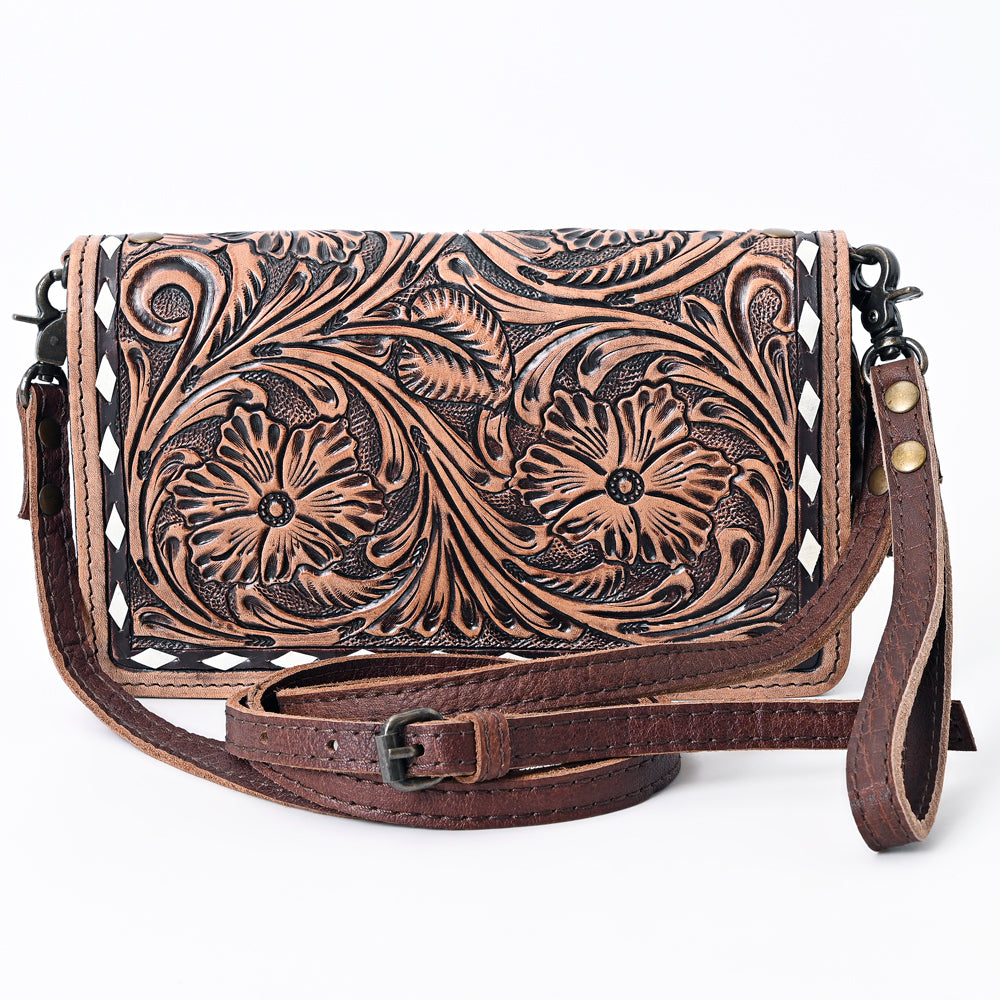 ADBG485 Western Floral Tooled Leather Organizer Bag Handmade Cowhide Wristlet by American Darling
