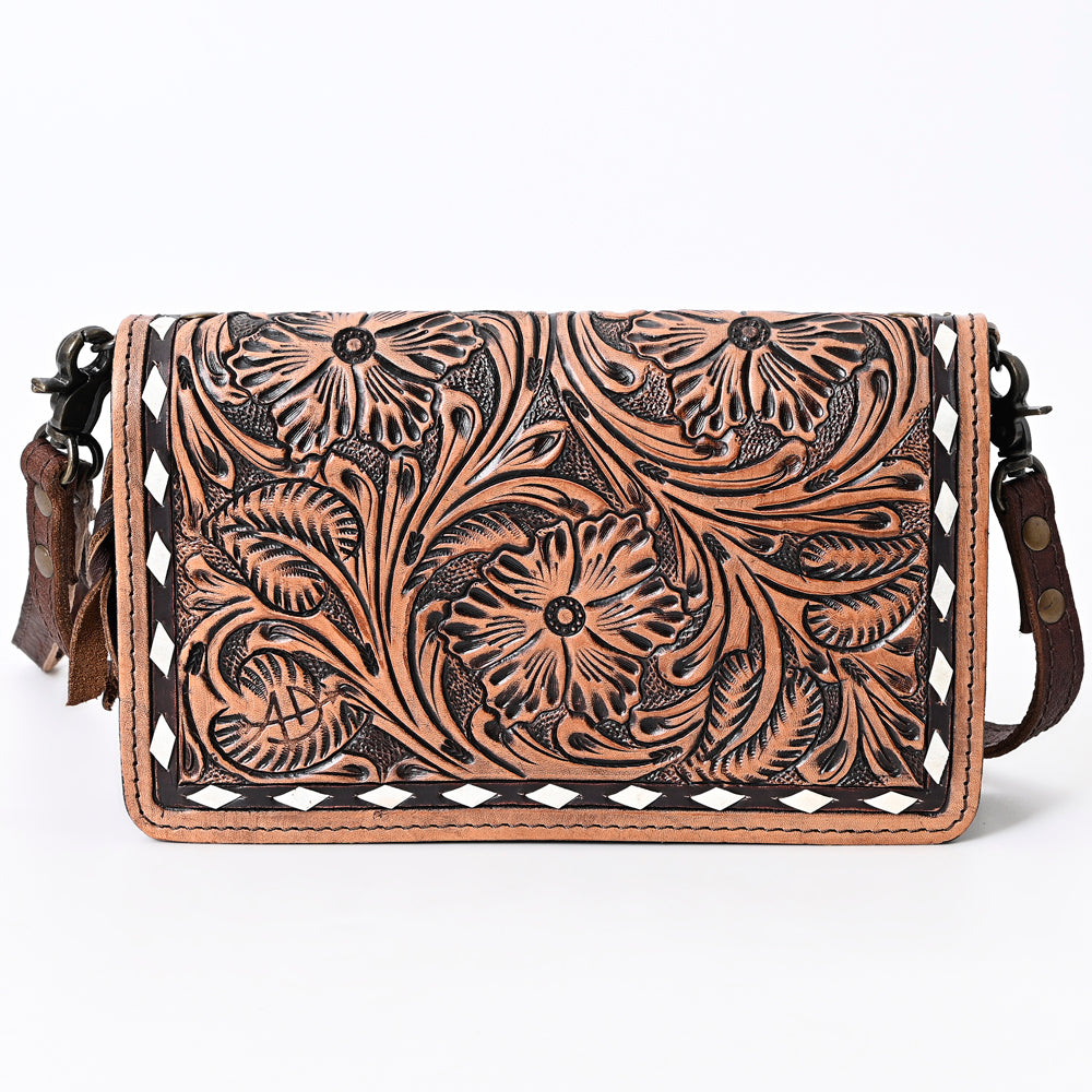 ADBG485 Western Floral Tooled Leather Organizer Bag Handmade Cowhide Wristlet by American Darling