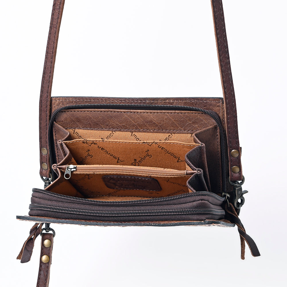 ADBG485 Western Floral Tooled Leather Organizer Bag Handmade Cowhide Wristlet by American Darling