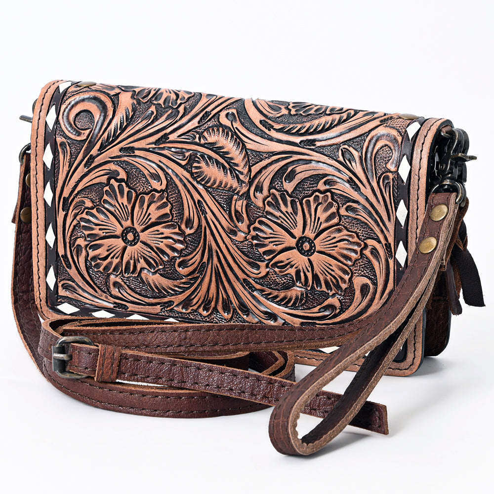 ADBG485 Western Floral Tooled Leather Organizer Bag Handmade Cowhide Wristlet by American Darling