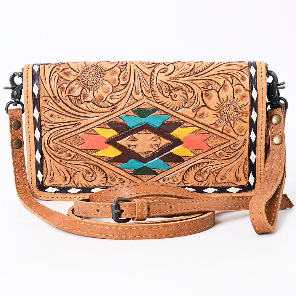 ADBG485 Western Floral Tooled Leather Organizer Bag Handmade Cowhide Wristlet by American Darling