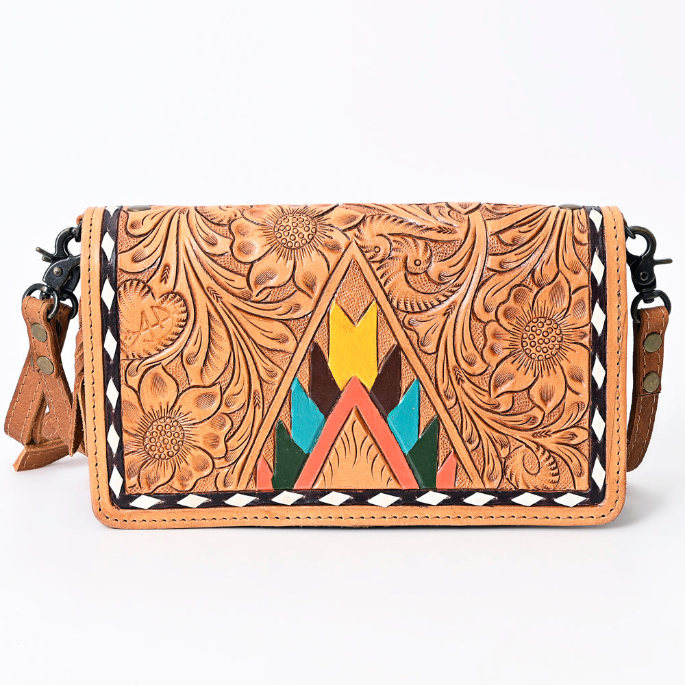 ADBG485 Western Floral Tooled Leather Organizer Bag Handmade Cowhide Wristlet by American Darling