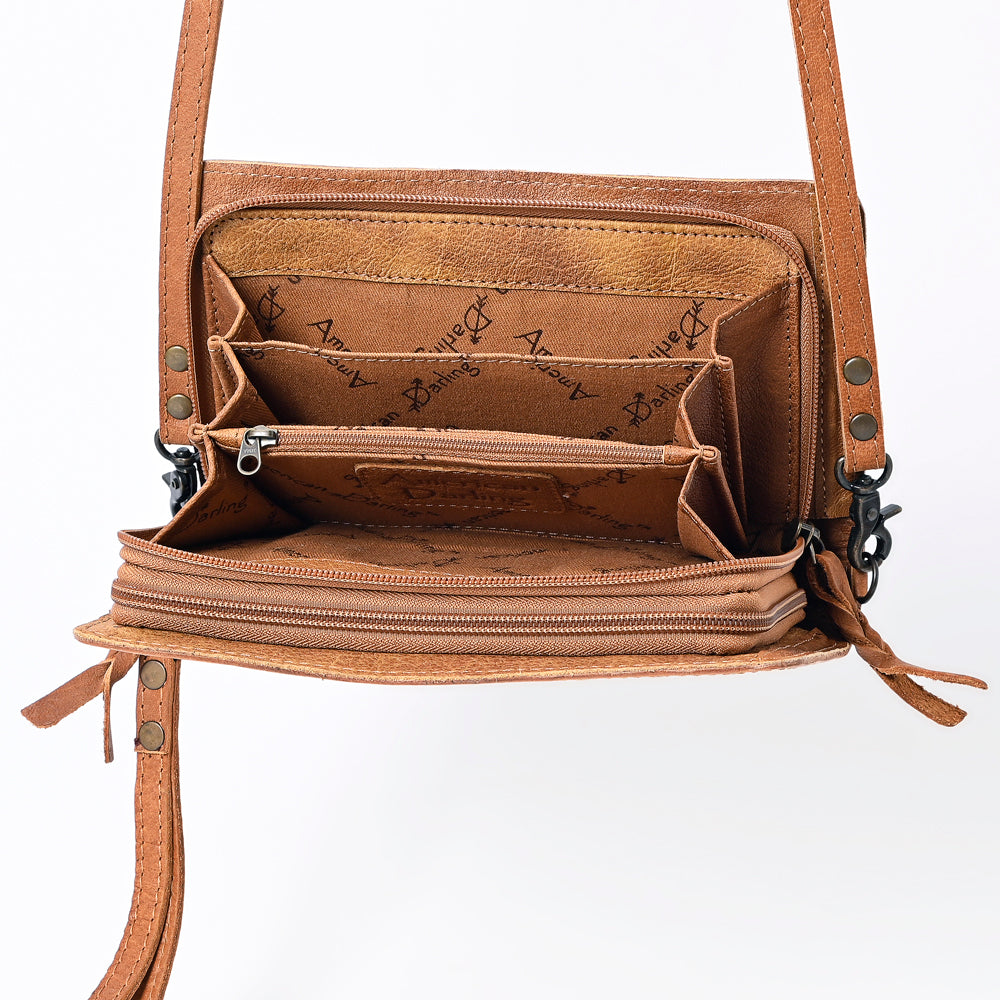 ADBG485 Western Floral Tooled Leather Organizer Bag Handmade Cowhide Wristlet by American Darling