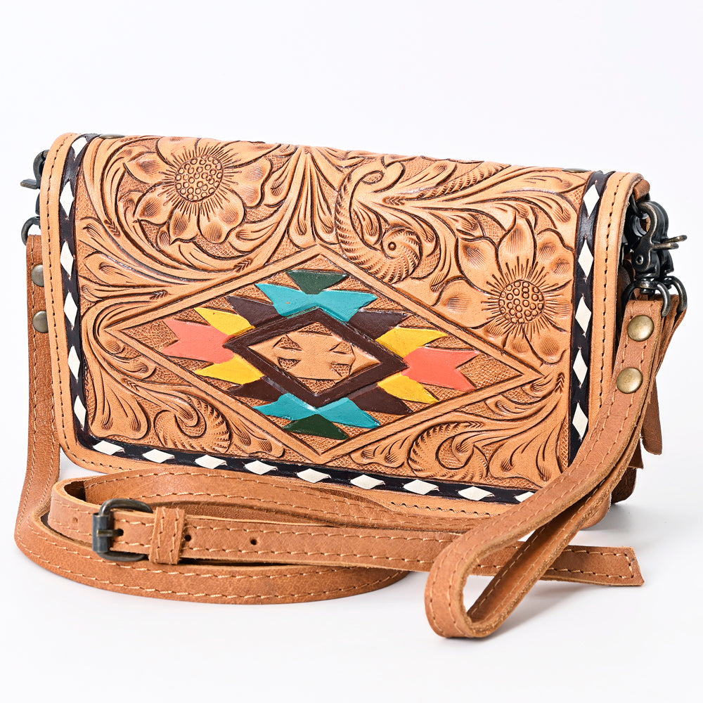 ADBG485 Western Floral Tooled Leather Organizer Bag Handmade Cowhide Wristlet by American Darling