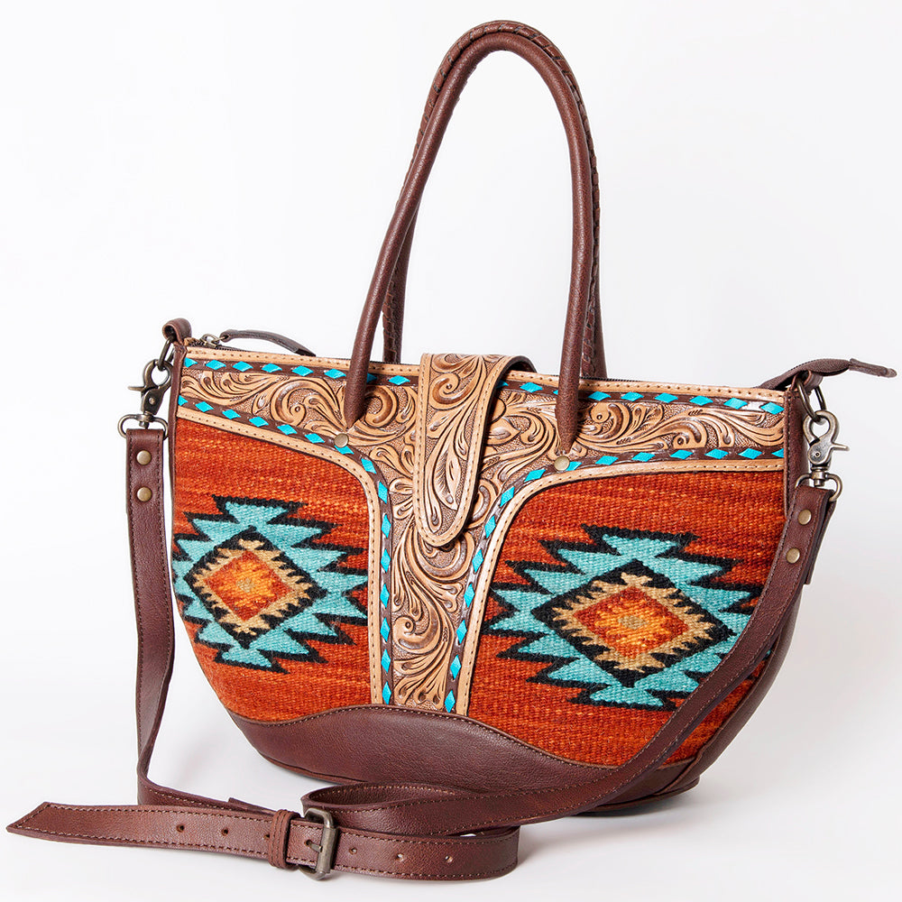 ADBG1084 American Darling Hand-Woven Saddle Blanket Tote Bag with Tooled Leather Accents