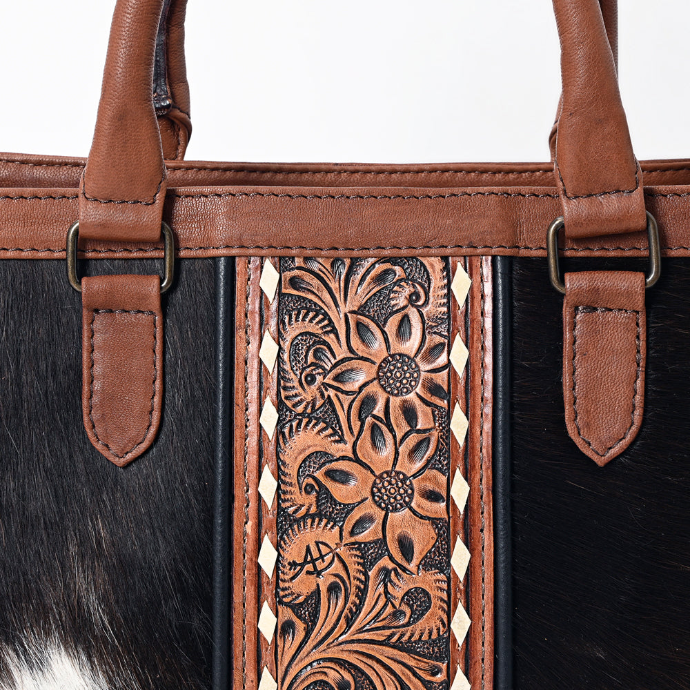 ADBG1085 American Darling Hair-on Cowhide Leather Tote Bag with Tooled Floral Panel