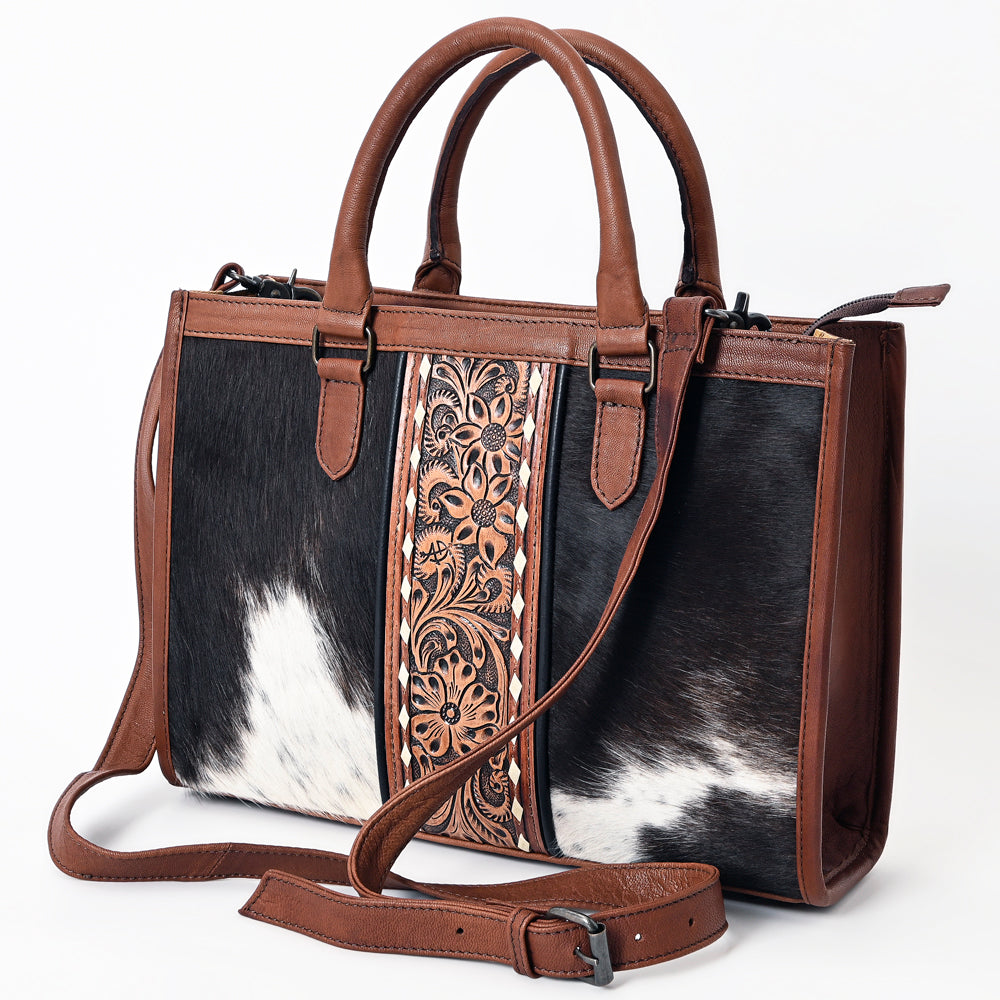 ADBG1085 American Darling Hair-on Cowhide Leather Tote Bag with Tooled Floral Panel