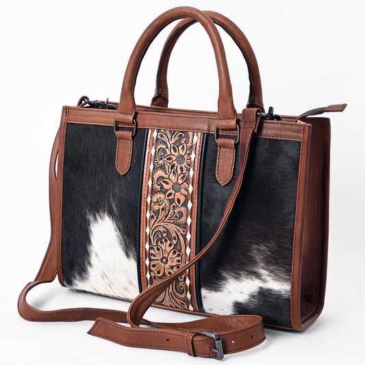 ADBG1085 American Darling Hair-on Cowhide Leather Tote Bag with Tooled Floral Panel