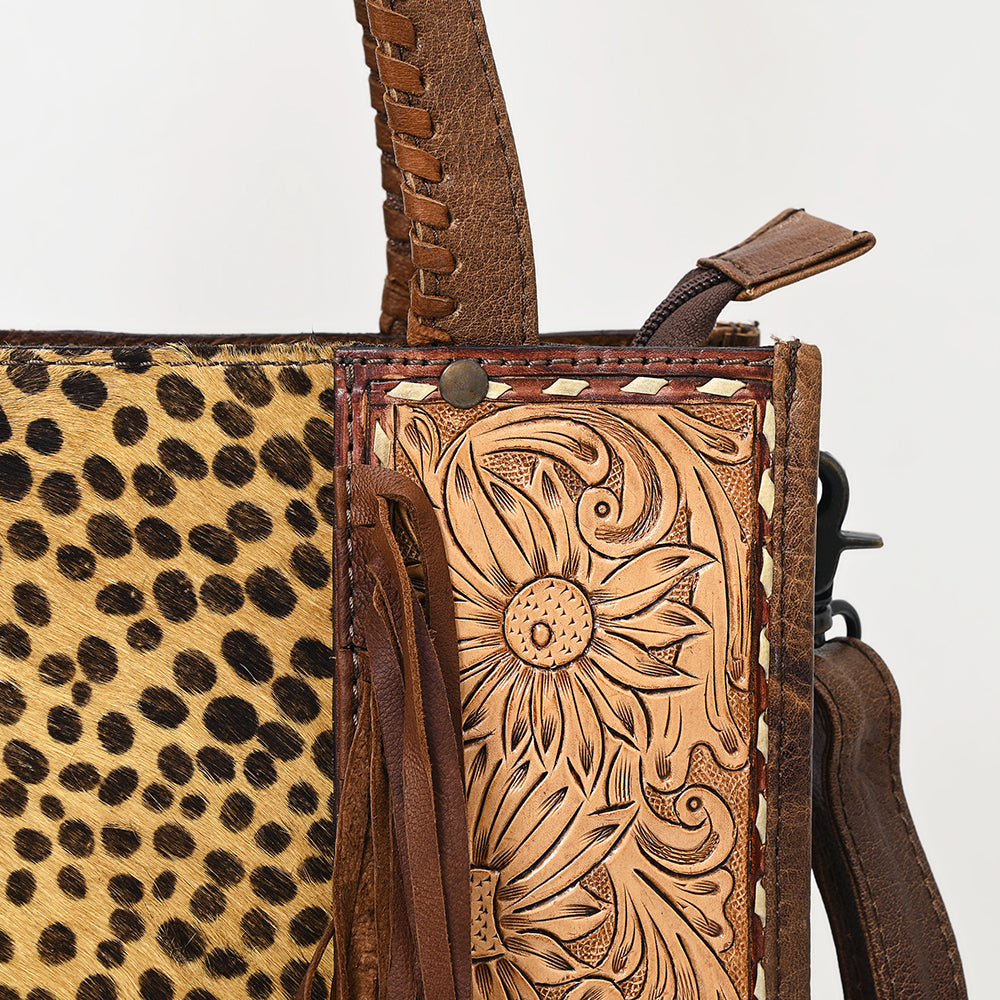 ADBG1086 American Darling Hair-on Cowhide Tote Bag with Hand-Tooled Leather and Fringes