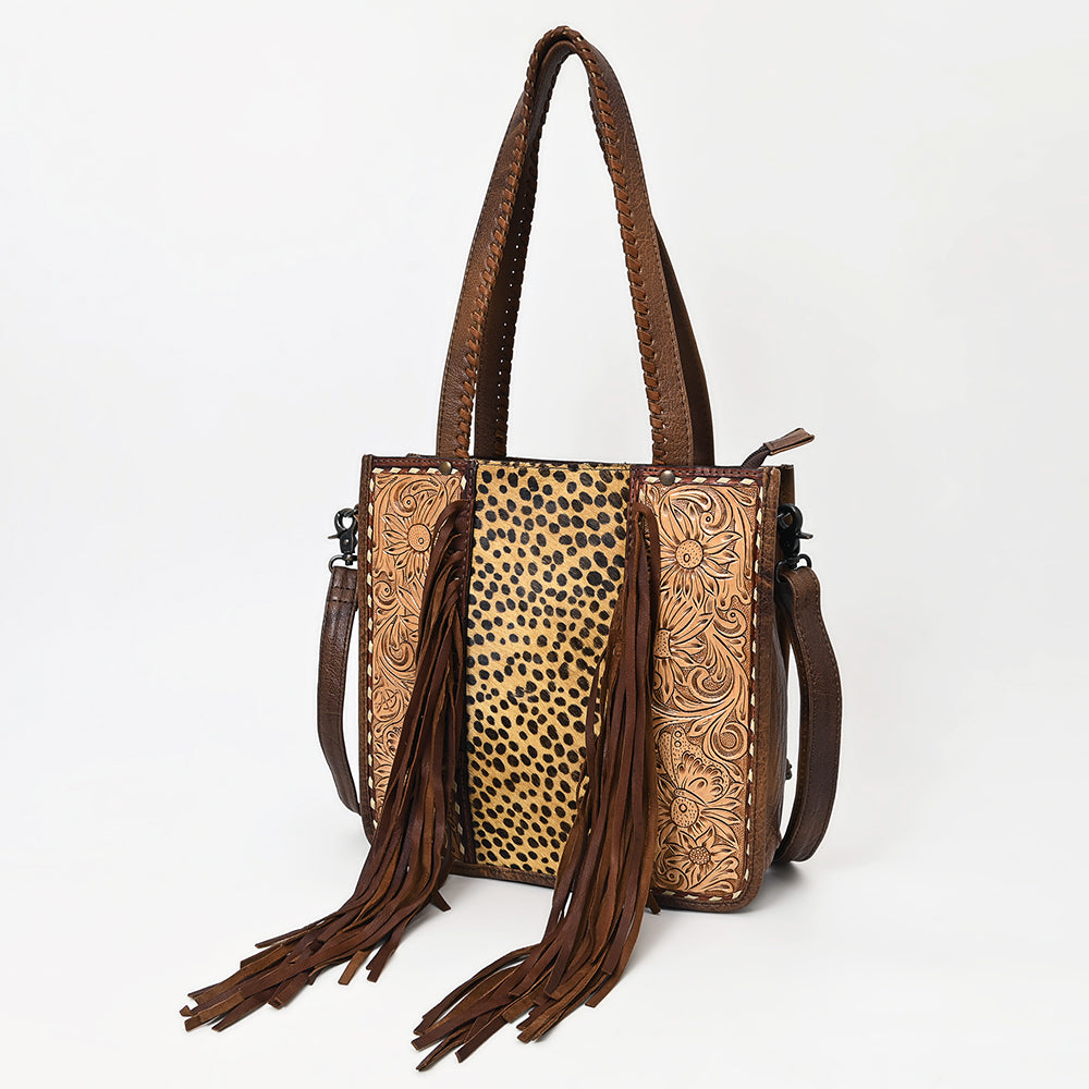 ADBG1086 American Darling Hair-on Cowhide Tote Bag with Hand-Tooled Leather and Fringes
