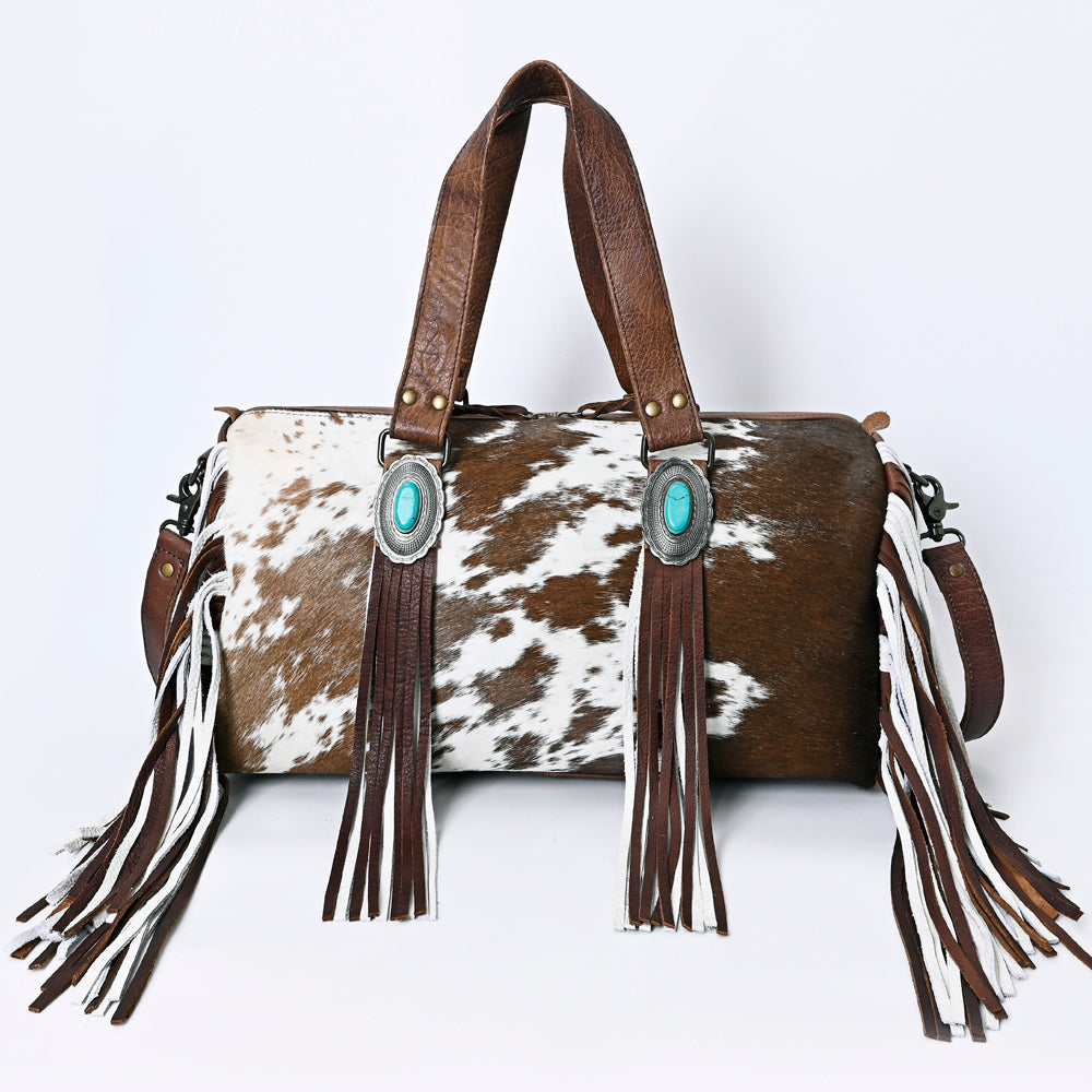 ADBG1090 American Darling Western Leather Duffel Bag with Hair-On Cowhide and Fringe