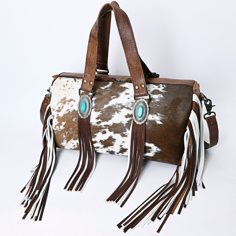 ADBG1090 American Darling Western Leather Duffel Bag with Hair-On Cowhide and Fringe