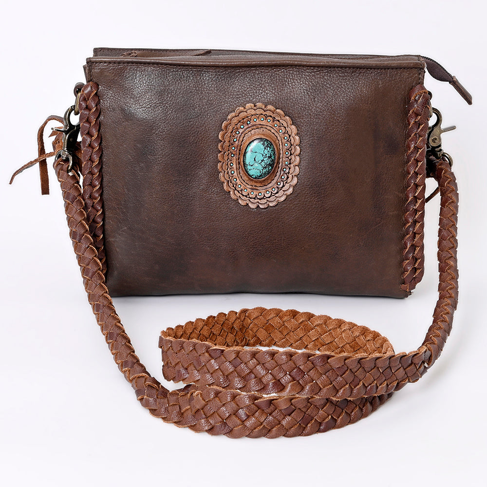 ADBGM335 Leather Crossbody Bag with Turquoise Concho & Braided Strap - Handmade Western Purse