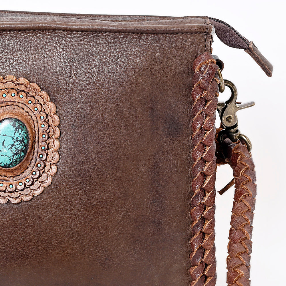 ADBGM335 Leather Crossbody Bag with Turquoise Concho & Braided Strap - Handmade Western Purse