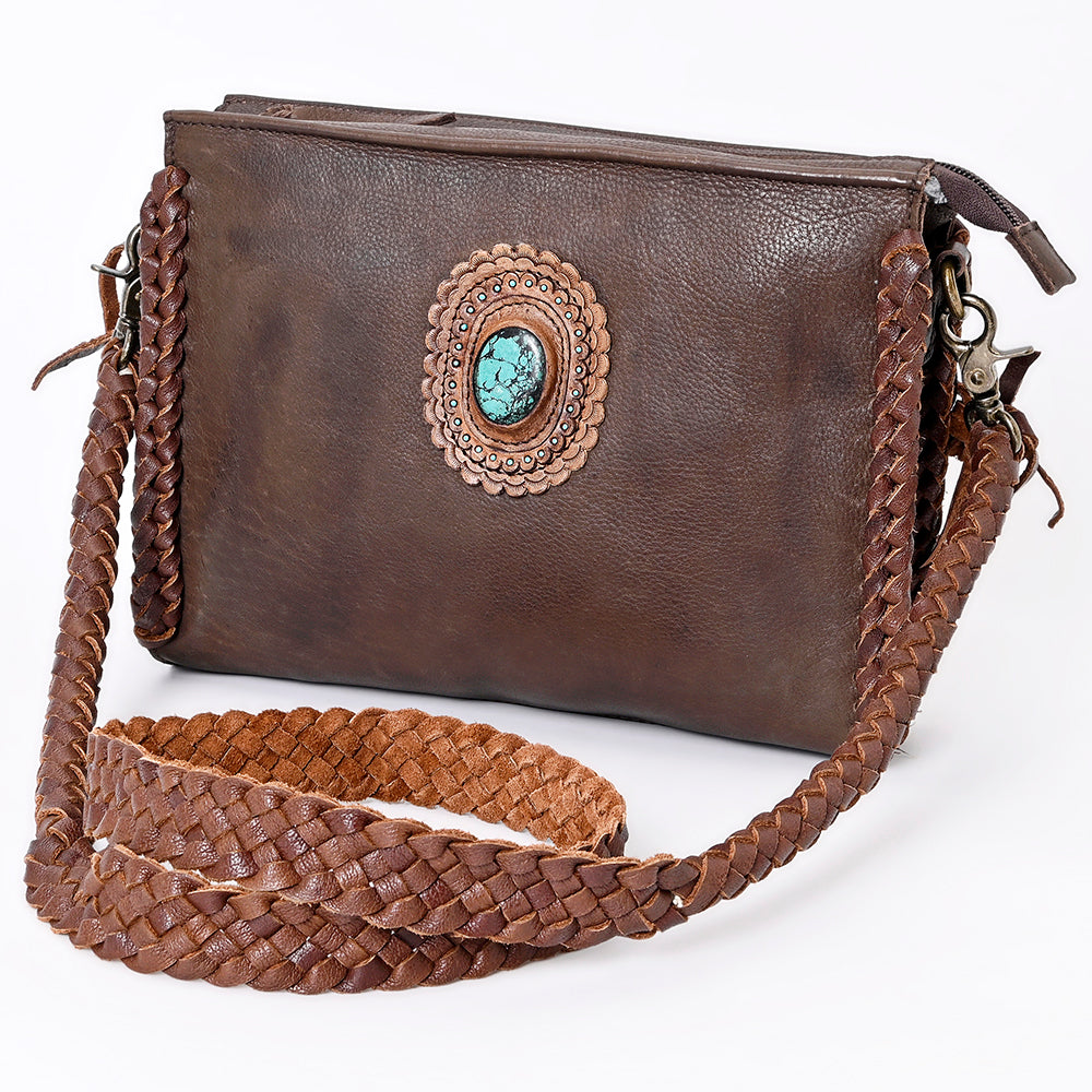 ADBGM335 Leather Crossbody Bag with Turquoise Concho & Braided Strap - Handmade Western Purse