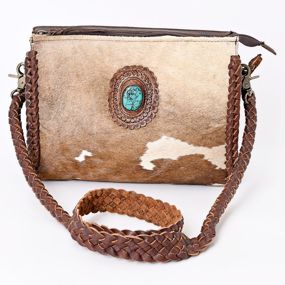 ADBGM335 Hair-On Cowhide Crossbody Bag with Turquoise Concho & Braided Strap - Western Handmade Purse